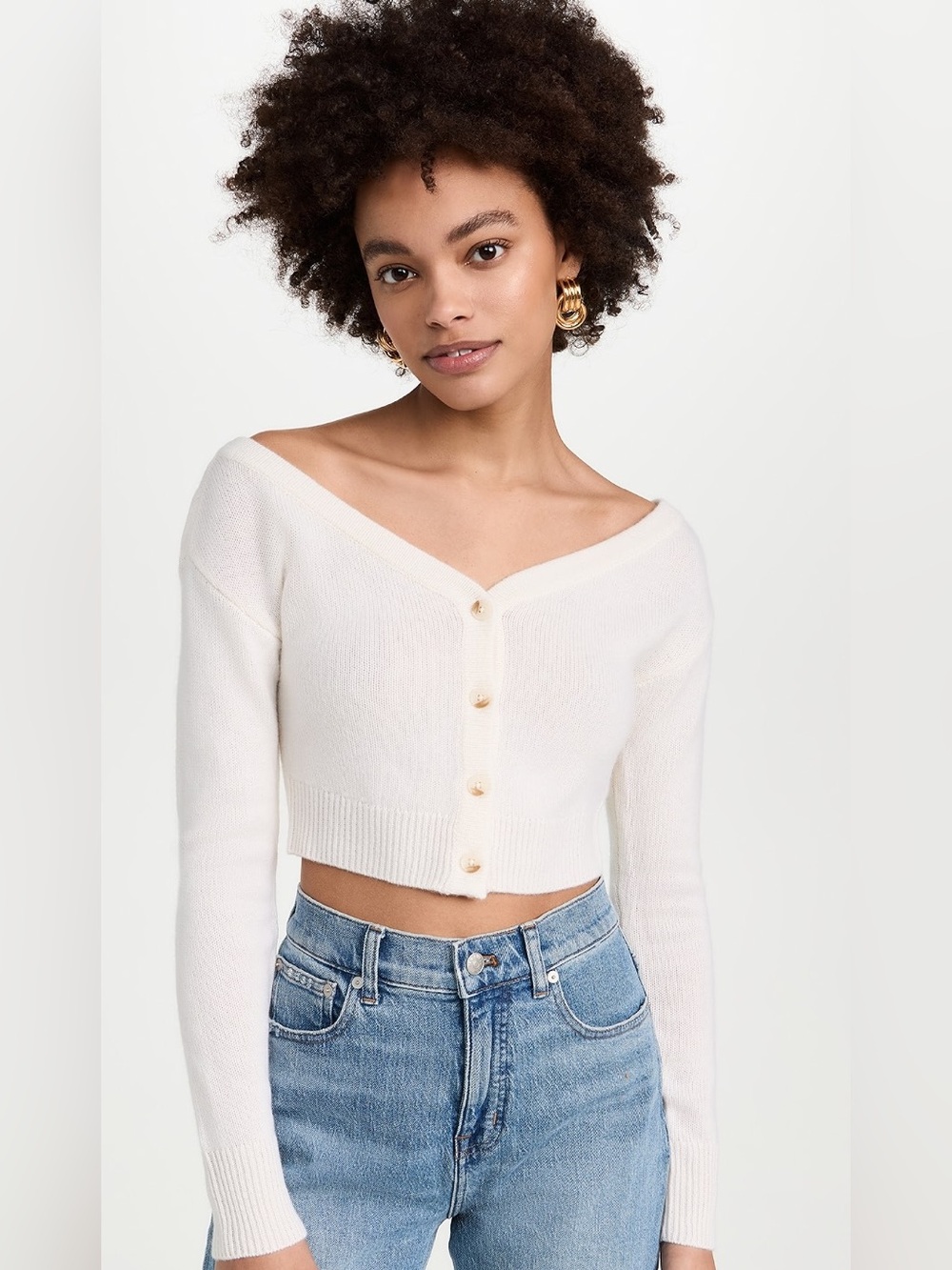 Reformation Millie Off the Shoulder Cashmere Cardigan in Gossamer White - S